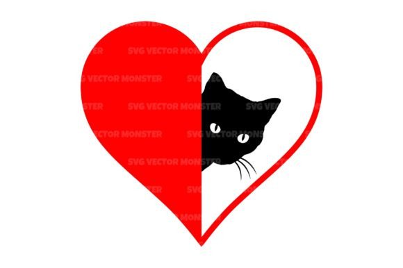 Peeking Black Cat in Red Heart